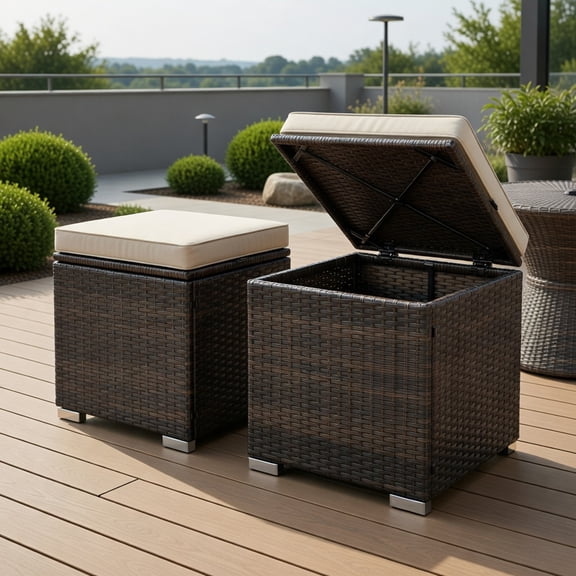 Yardi Yard 2 Pieces Patio Ottoman with Removable Cushions, Outdoor Footstools for Patio, Wicker Ottoman for Pool Deck-Brown