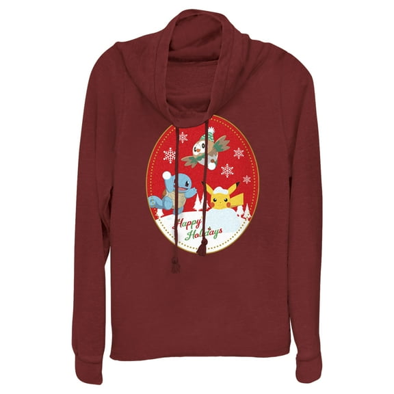 Junior's Pokemon Christmas Happy Holidays Patch Cowl Neck Sweatshirt Scarlet Small