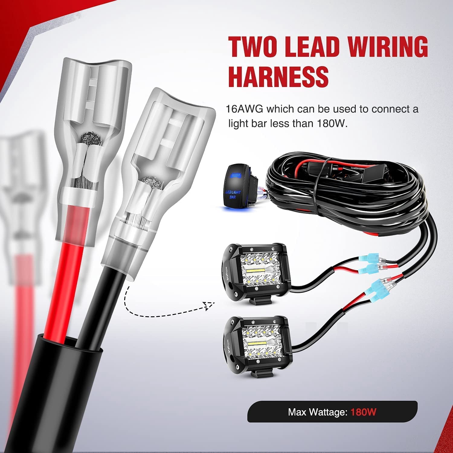 Nilight 2PC 4Inch Triple Row Lights 60W Flood Spot Combo 6000LM Bar Driving Boat Led Off Road Trucks with 12V On/Off 5 Pin Rocker Switch Power 16AWG Wiring Harness Kit-2 Leads