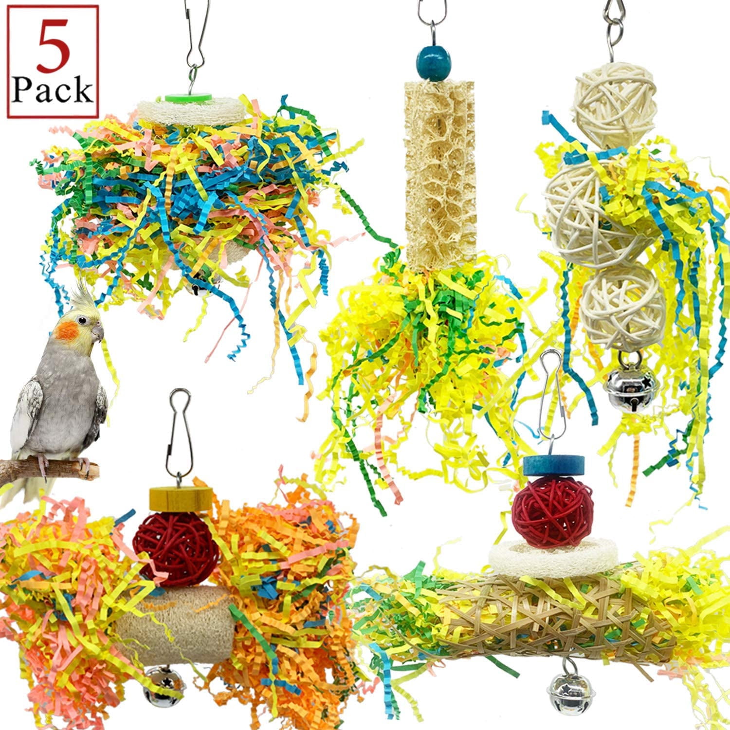 5 Pack Bird Foraging Toys Parrot Shredder Rattan Balls Toy Hanging for Cage
