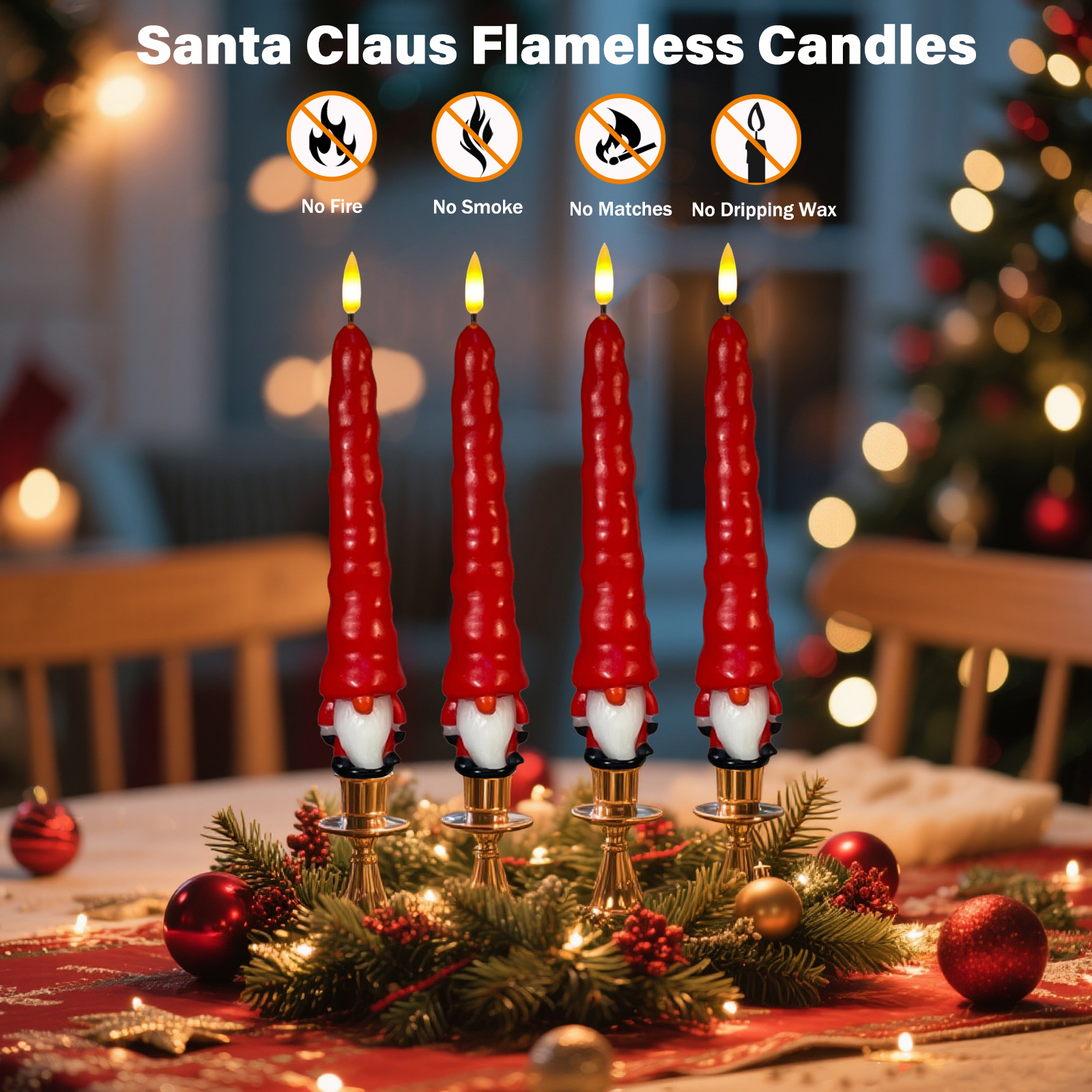 Christmas Flameless Candles, Flickering Santa Claus Taper Candles with Remote & Timer, Dimmable LED Candles Battery Operated, Real Wax Electric Candle Sticks for Tabletop Fireplace Christmas Decor