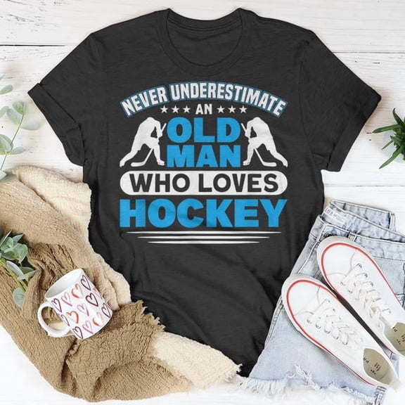 Never Underestimate an Old Man Who Loves Hockey Graphic Tee Sports Theme Men Adult Cotton T Shirt for Hockey Fans and Casual Wear, Size S, Color Black