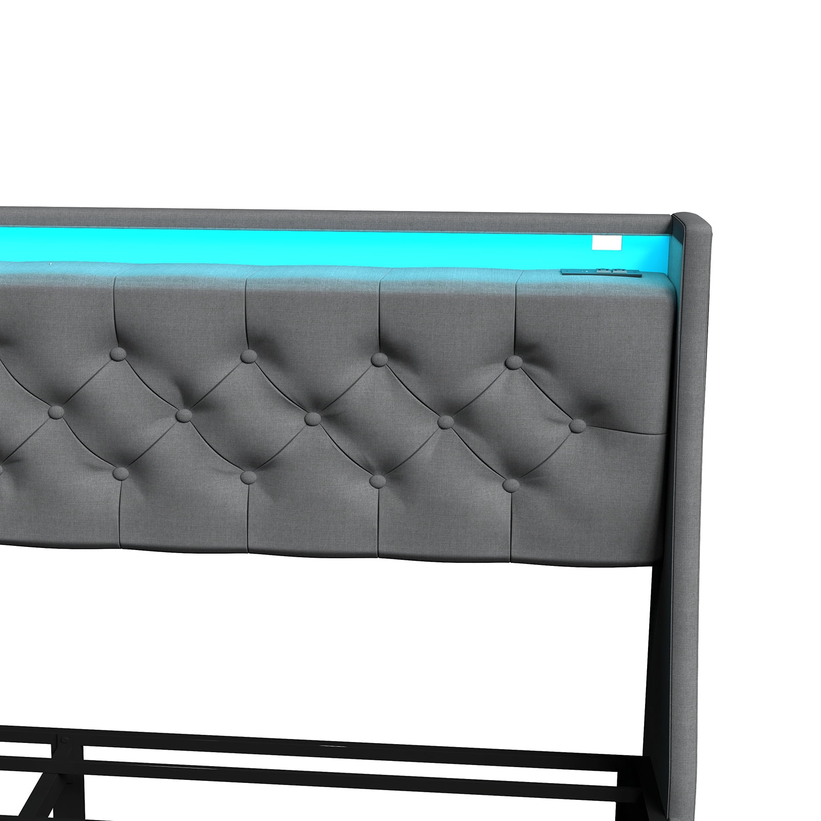 Mintazer Full Size Tufted Upholstered Storage Bed Frame with LED Light & Charging Station, Platform Bed Frame with 2 Foot Drawers, No Box Spring Required, Grey