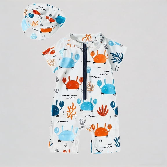 REDARER Toddler Baby Swimsuit Set – Crab & Underwater Print Short-Sleeve Rash Guard Matching Swim Cap, Full-Zip UV-Protective Beach Swimwear,9-12 Months