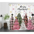 thumbnail image 3 of Pink Christmas Shower Curtain with Hooks, Pink and Green Christmas Tree with Snowflake Fabric Shower Curtain, Christmas Plaid Bathroom Curtains Shower Set, 72W X 72L inches, 3 of 6