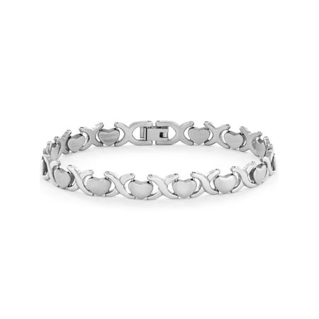 - Brushed and Polished Heart Link Stainless Steel Bracelet
