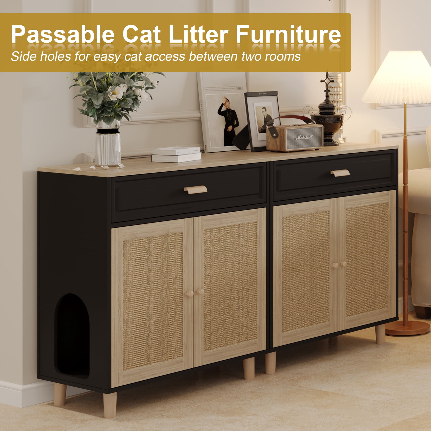 Faceket Wooden Ventilated Cat Litter Box Furniture with Scratching Board Doors and Drawer, Black