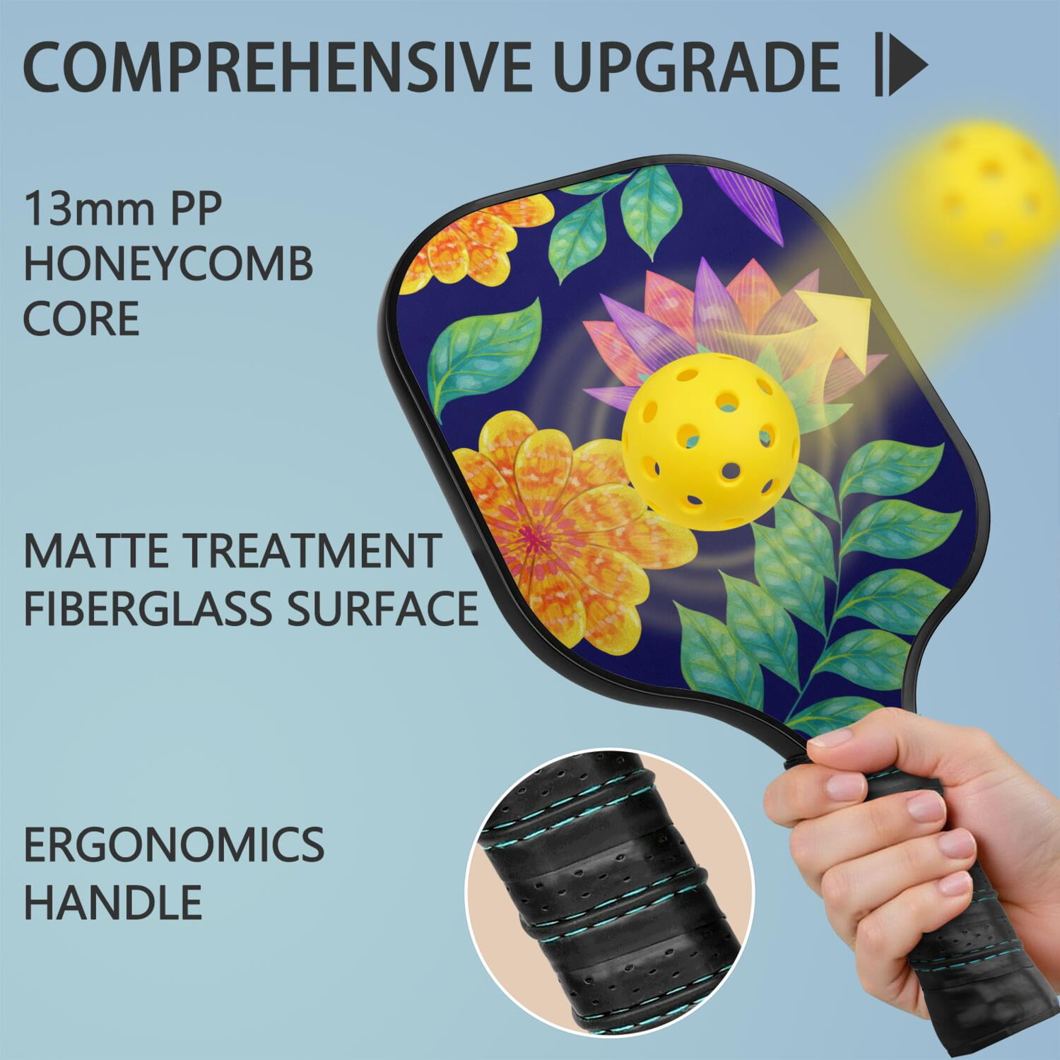 Pickleball Paddles Set Of 2, Fiberglass Surface, Vintage Floral Print, 4 Balls & Bag