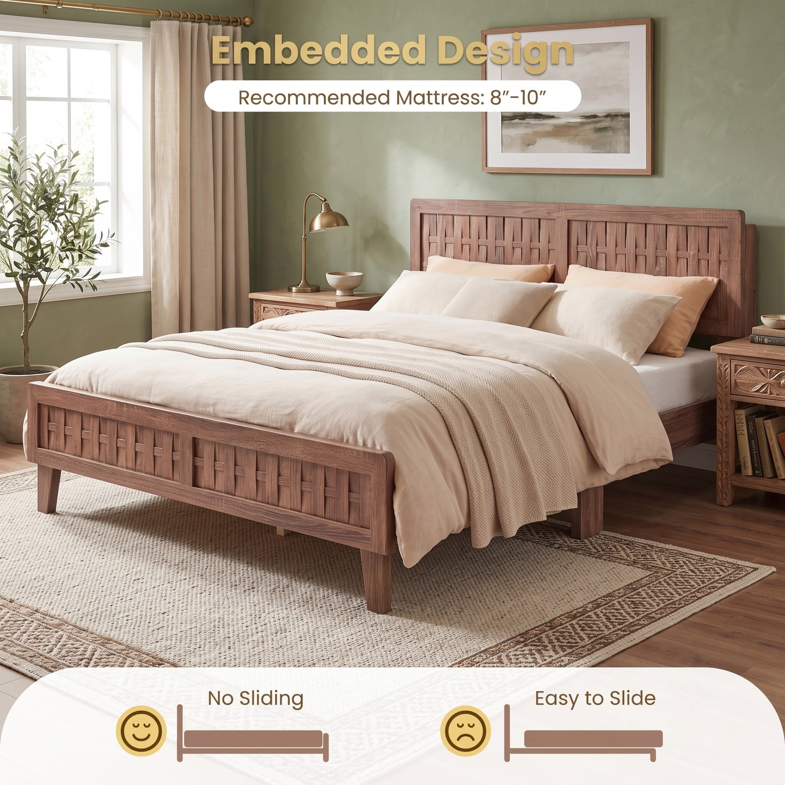 Furnibear Queen Size Mid Century Wood Platform Bed Frame with Woven Accent Headboard and Footboard for the Bedroom, Walnut