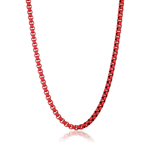 Metro Jewelry Box Chain Necklace for Men in Stainless Steel with Red Acrylic - 22 Inches Long 6 MM Wide with Lobster Claw Clasp