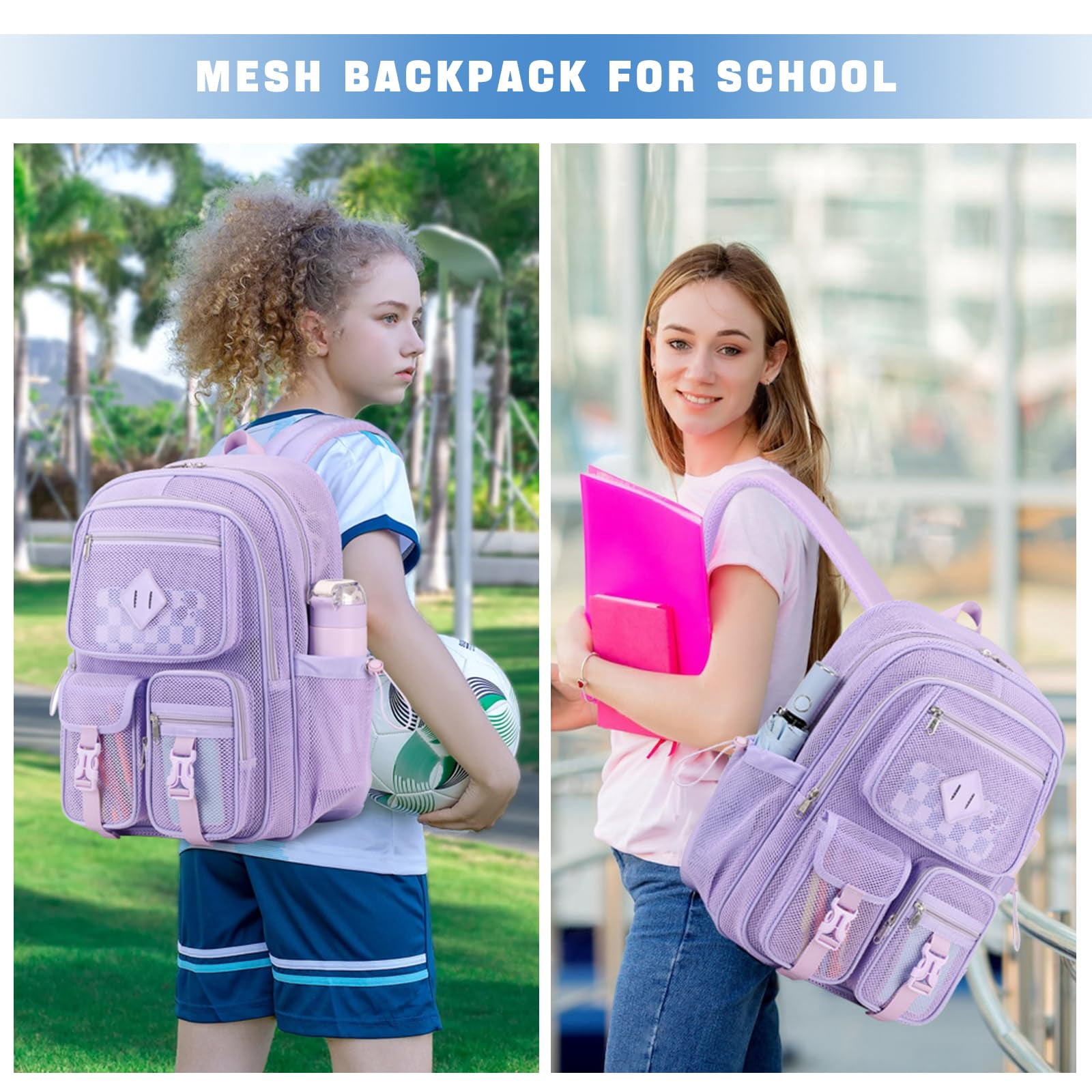 Soda Candy Mesh Backpacks for School Heavy Duty See Through Net Bookbag Semi-Transparent Net Back Pack for Beach, Swimming, Sports, Work, Travel, Pink