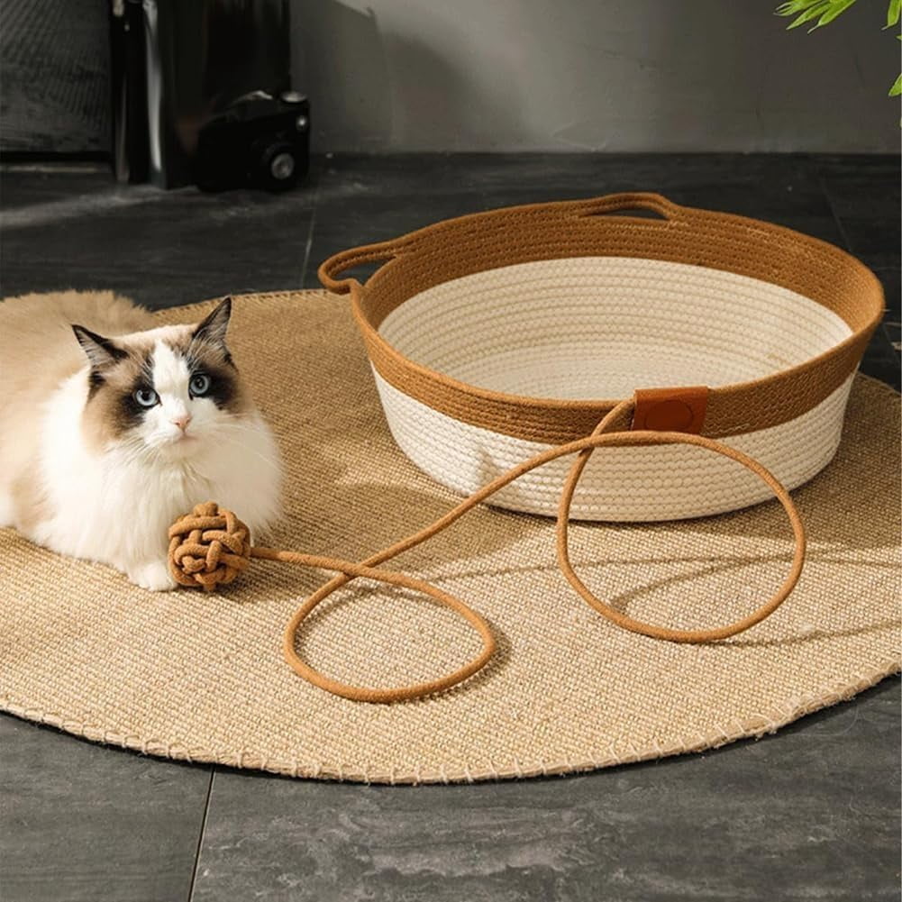 Handwoven Cat Basket,Foldable Scratchable Cat Bed Rope Cotton,Breathable Durable Natural Rattan Woven Pet Sleeping House with Teasing Ball & Cushion for Small & Large Cat & Dog