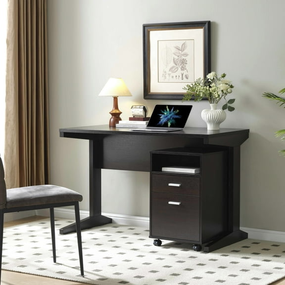 -colored Work Desk With Detached File Cabinet - Locking Wheels Home Office Tone