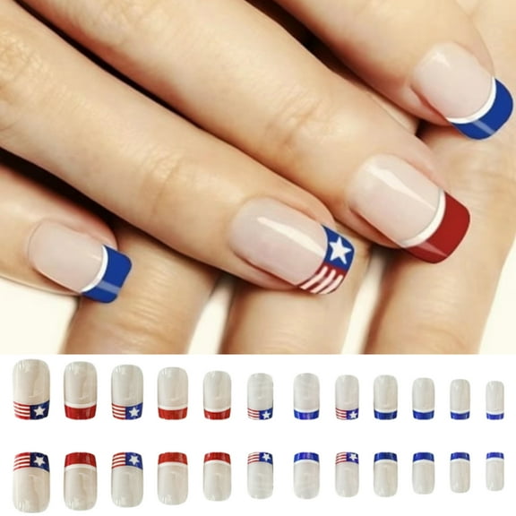 American flag Independence Day Press on Nails French Fake Nails with Nail Glue,French Tip Medium Design Short Glue Press on Nails 24pcs/pack