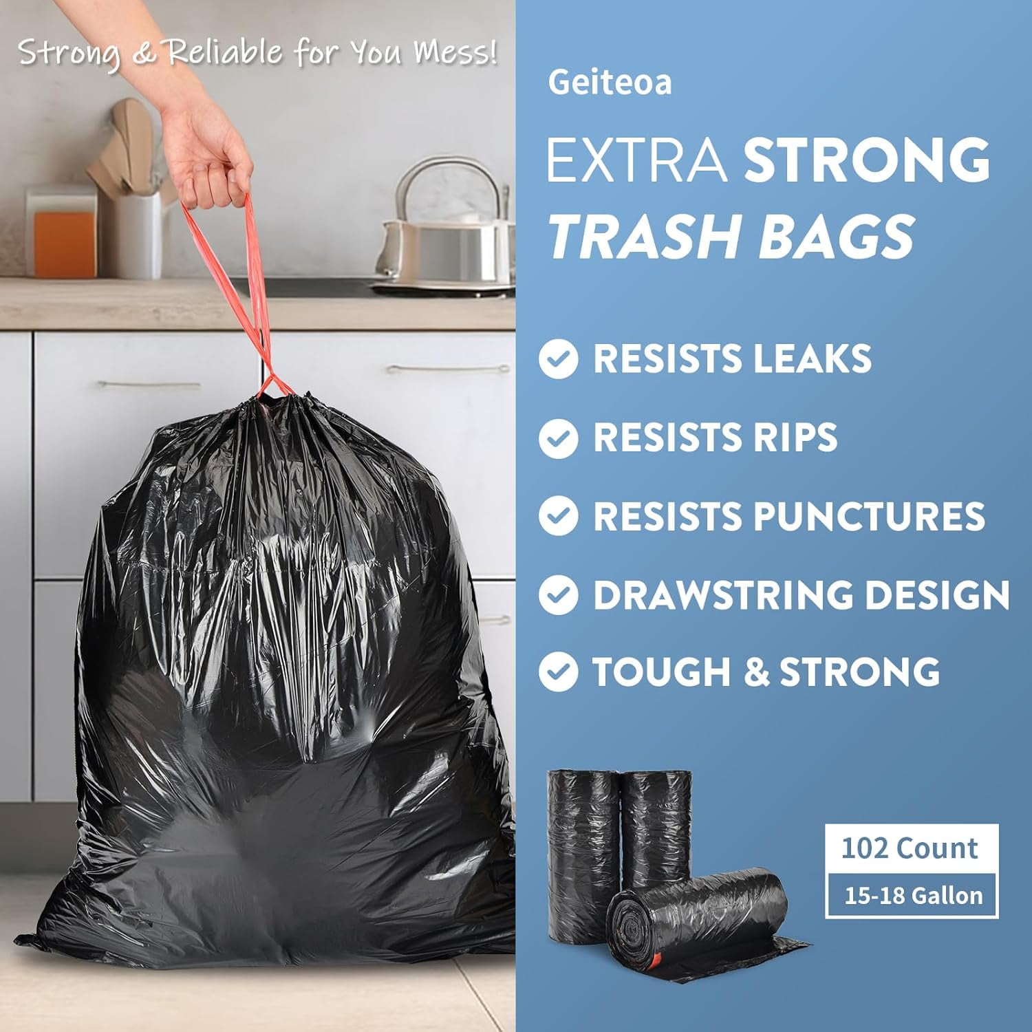 15-18 Gallon Black Trash Bags with Drawstring (102 Count) Fit 16, 17 Gal High Density Large Garbage Bags, Strong Plastic Trash Can Liners for Kitchen Lawn Commercial