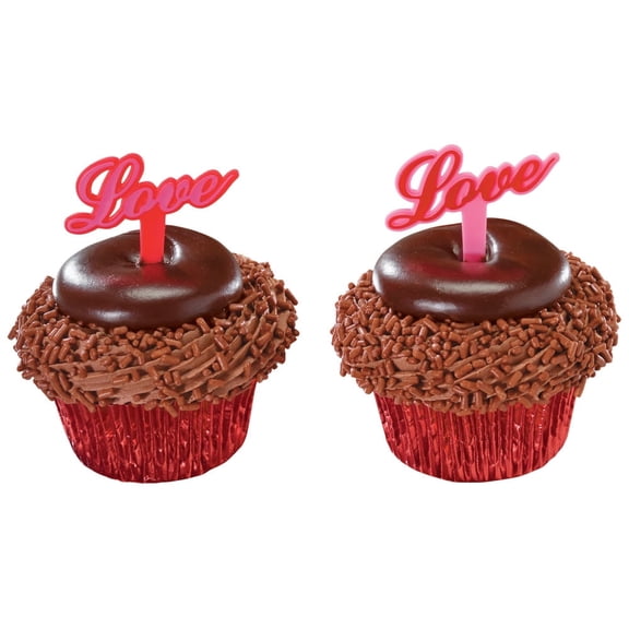 CakeDrake Cupcake Picks Love Heart Food-Safe Plastic 12 Count Pink/Red