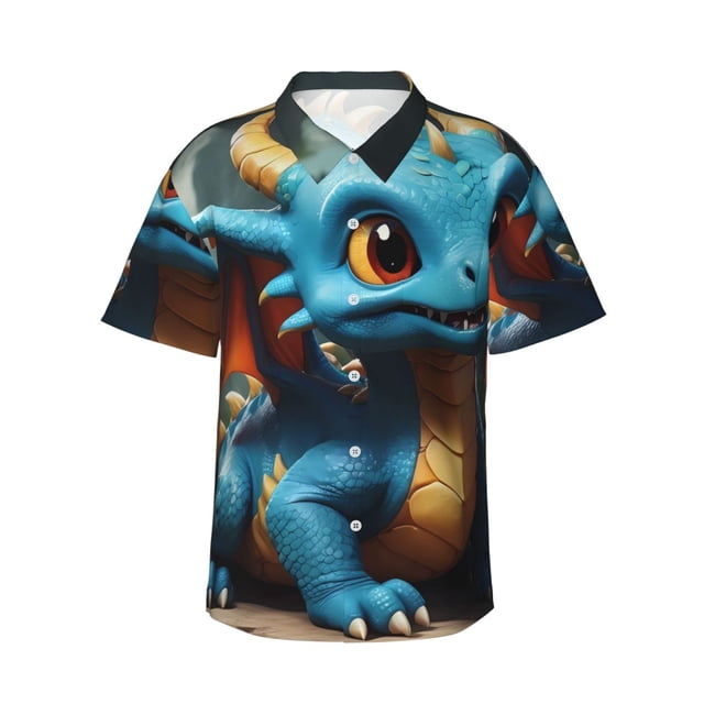 Fotbe Adorable Blue Baby Dragon Camisa Hawaiana para Hombre Unisex – Camisa Casual de Verano con Botones de Manga Corta de Algodón y Lino,Small