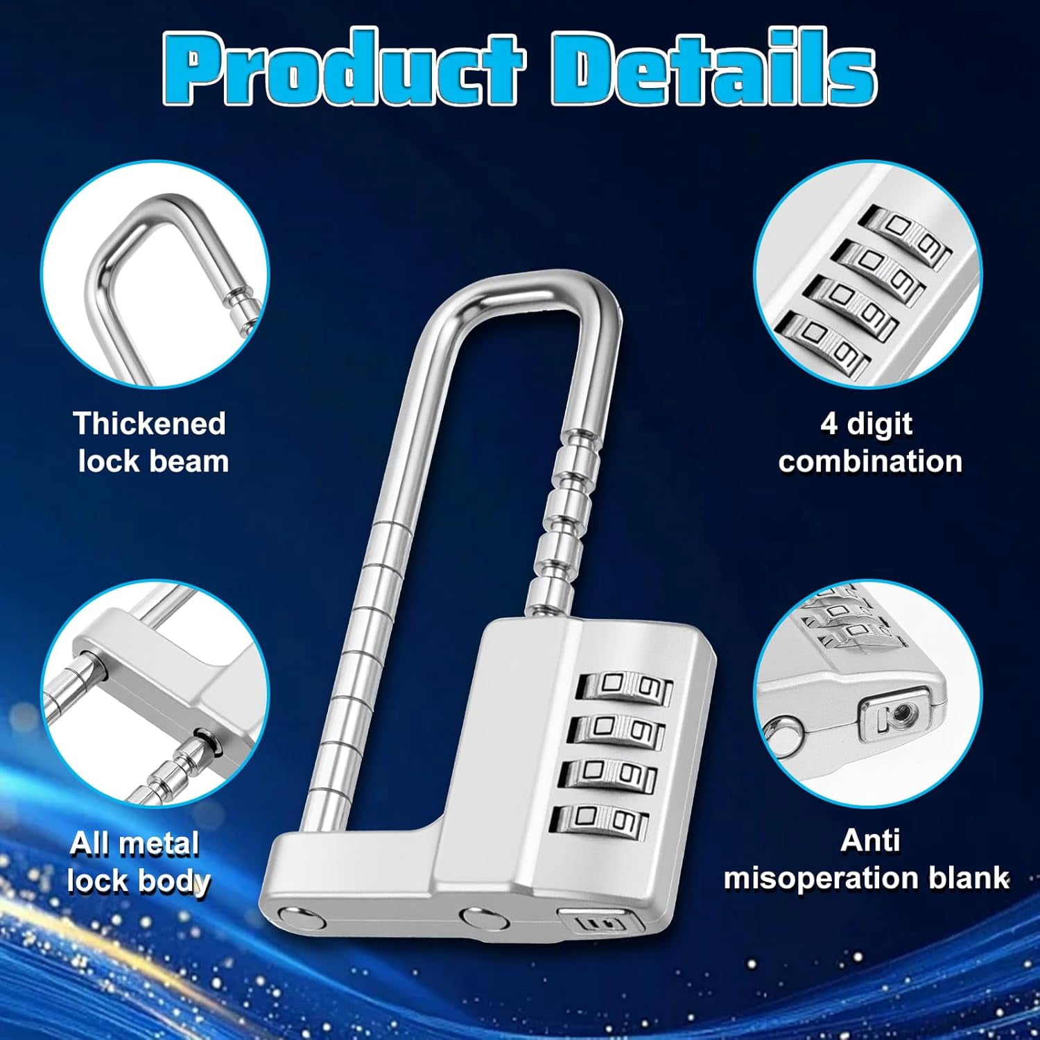 ABCISI 2Pcs 4Digit Combination Cabinet Lock U Shaped Code, Stainless Steel Adjustable Padlock with Code, Waterproof Metal Long Shackle Lock Retractable for Outdoor College Fences Sports Locker Gym