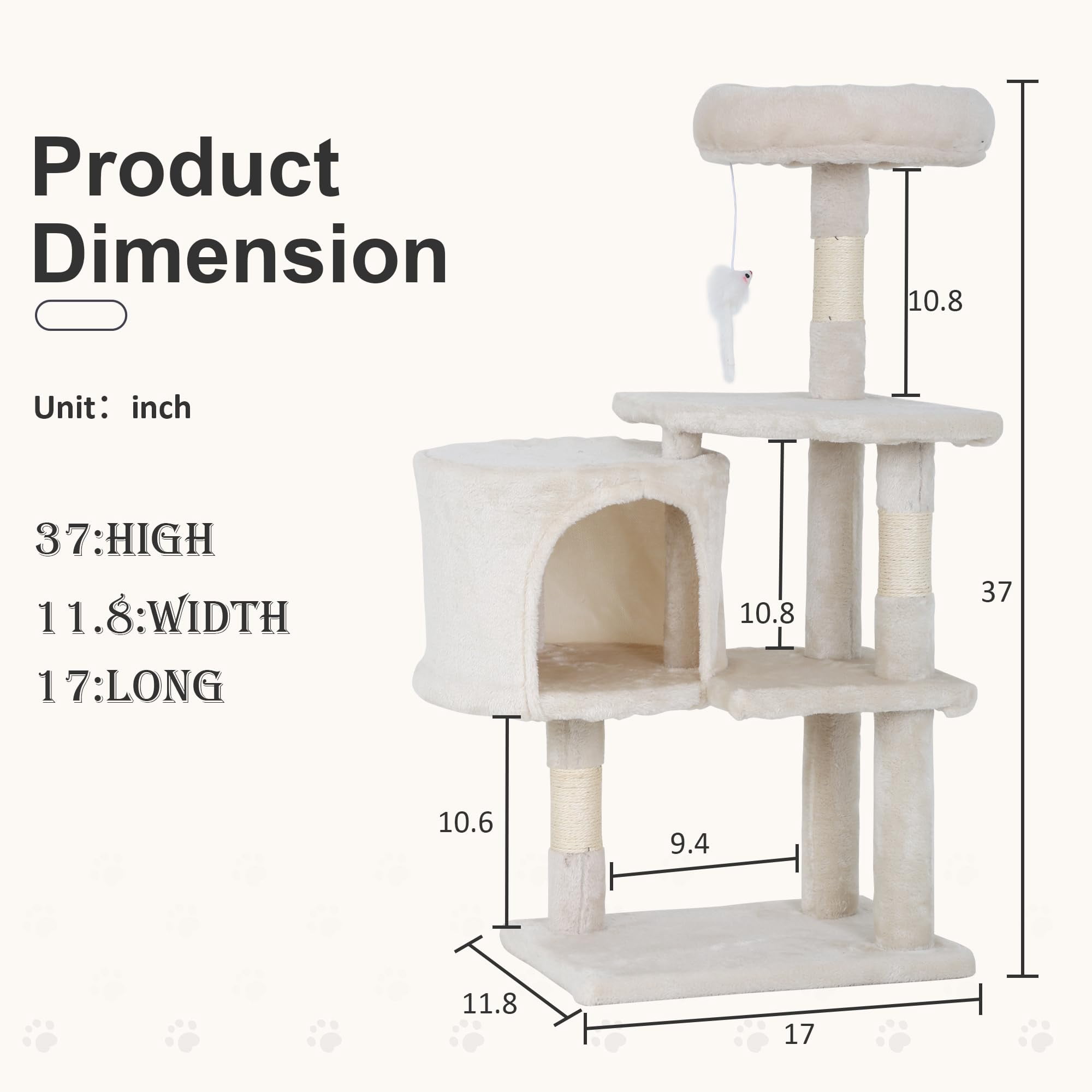CL.HPAHKL Small Cat Tree for Indoor Cats, 37 Inches Cat Condo Furniture Activity Centre with Scratching Posts & Perch Bed Multi-Level Cat Tree House with Funny Toys for Kittens, Pets, Beige