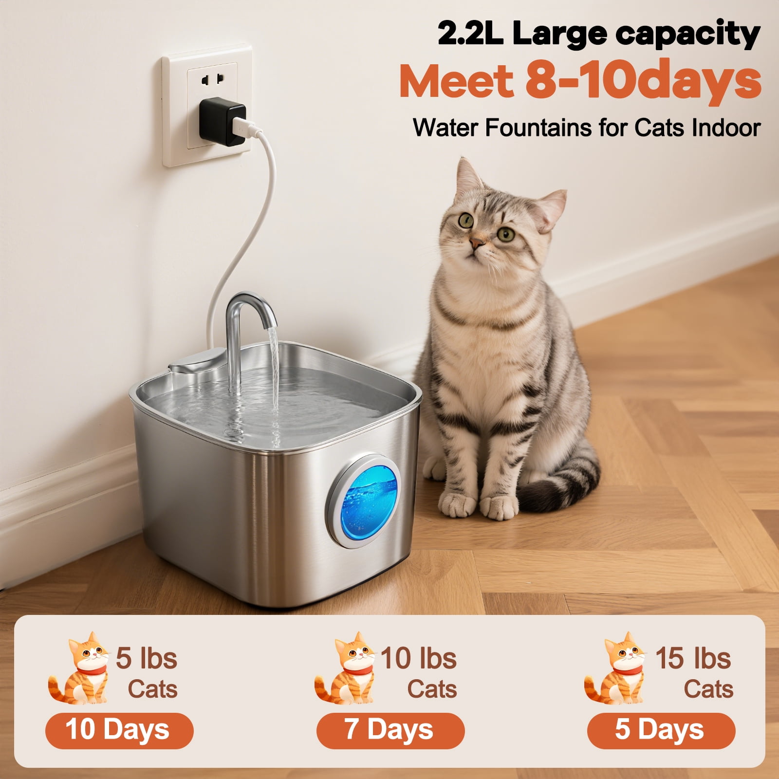 Cat Water Fountain Stainless Steel, YUWENUS 78oz/2.2L Pet Fountain with Water Level Window Automatic Water Dispenser with 4 Replacement Filters for Cats, Dogs