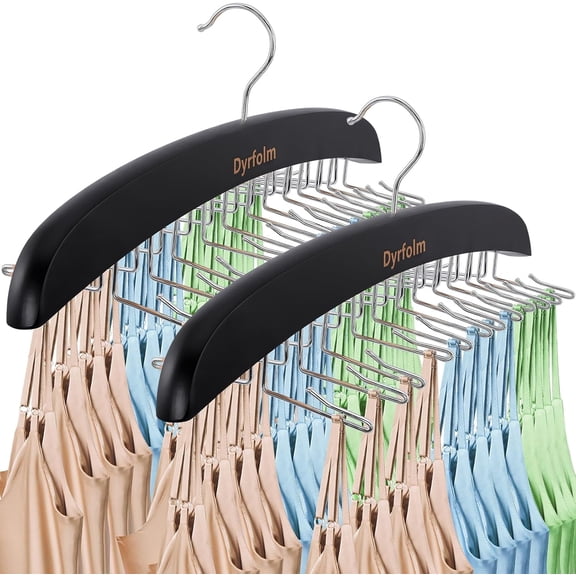 2Pcs Tank Top Hanger,Wood Bra Hanger with 24 Foldable Hooks,360° Rotating Bra Organizer for Closet,Tank Top Hangers Space Saving Closet Organizer for Tank Tops Bras Ties Belt,Scarf,Black