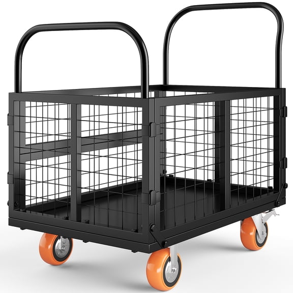 Platform Truck Cart with Cage, Multipurpose 6 in1 Foldable Flatbed Cart Heavy Duty Push Cart Dolly W/Swivel Wheels 1800lbs Capacity Utility Hand Cart for Grocery/Laundry/Stall/Storage