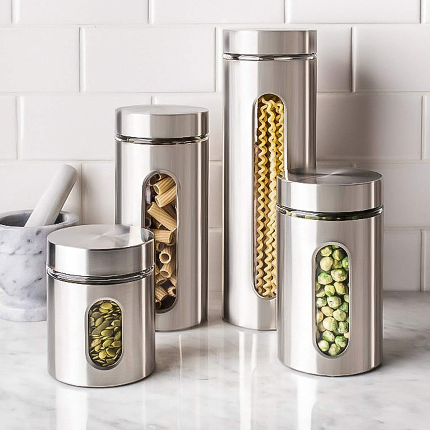 Quality 4pc Stainless Steel Canister Set for Kitchen Counter with Glass Window & Airtight Lids, Food Storage Containers, Pantry Storage & Organization Set for Coffee, Flour, Pasta