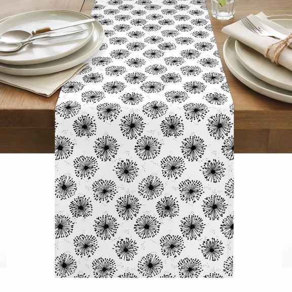 Black Dandelion Table Runner - 90 Inch Long, Kitchen Dining Table Runner Dresser Scarves, Farmhouse Botanical Blossom Farmhouse Decor for Coffee Tables Wedding Party Banquet