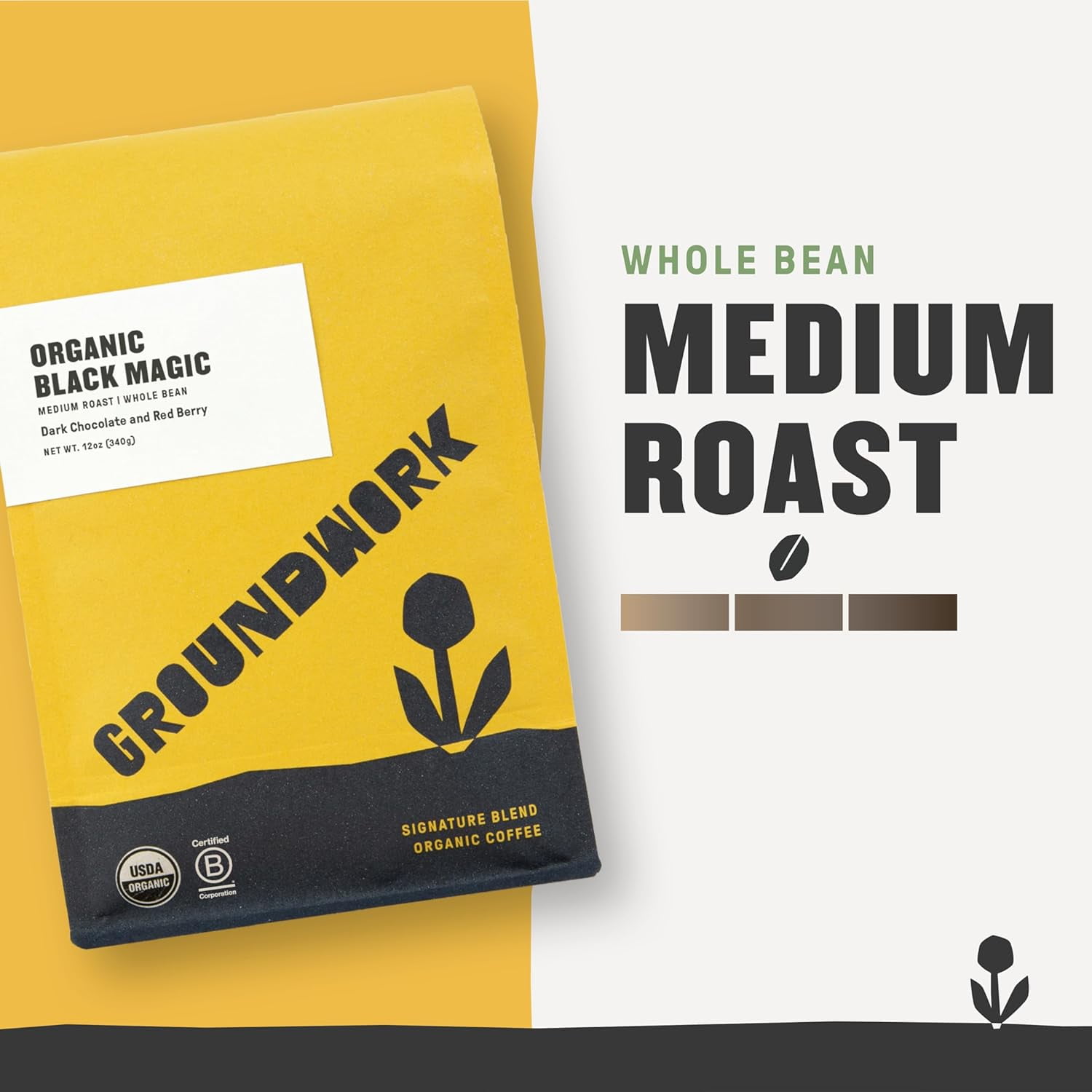 Pack of 6, Groundwork Coffee Organic Black Magic Whole Bean Coffee, 12 oz