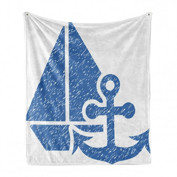 Vintage Blue Soft Flannel Fleece Blanket, Marine Themed Anchor and Sailboat with Grungy Design Nautical Print, Cozy Plush for Indoor and Outdoor Use, 50" x 60", Azure Blue and White, by Ambesonne