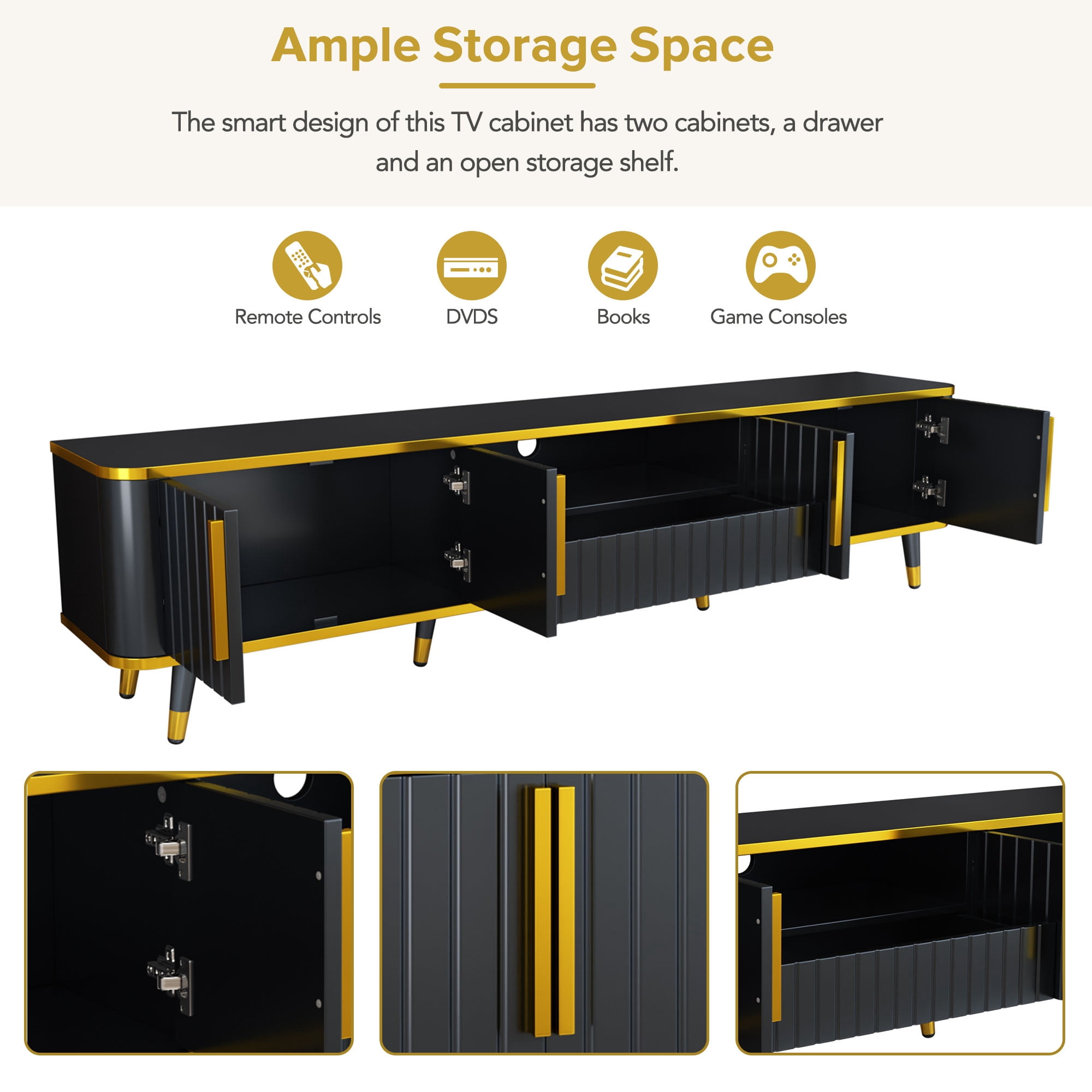 Euroco Luxury Minimalism TV Stand with Open Storage Shelf for TVs Up to 85", Entertainment Center with Cabinets and Drawers, Practical Media Console with Unique Legs