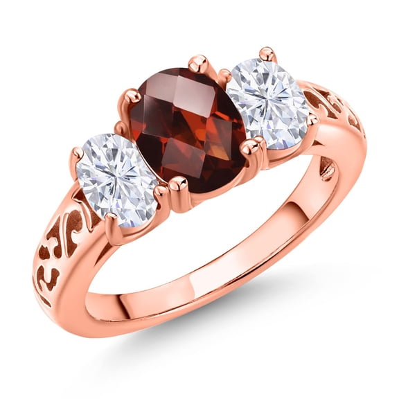 Gem Stone King 18K Rose Gold Plated Silver Red Garnet and White Moissanite Filigree Style 3 Stone Ring for Women (2.53 Cttw, Oval 8X6MM and 6X4MM) (Size 8)