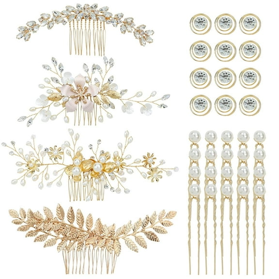 36 Pack Gold Flower Leaf Bridal Wedding Hair Side Combs U-shaped Pearl Hair Pins Spiral Twist Rhinestone Hair Clips Barrettes Prom Headpieces Accessories for Brides Bridesmaids Women Girls