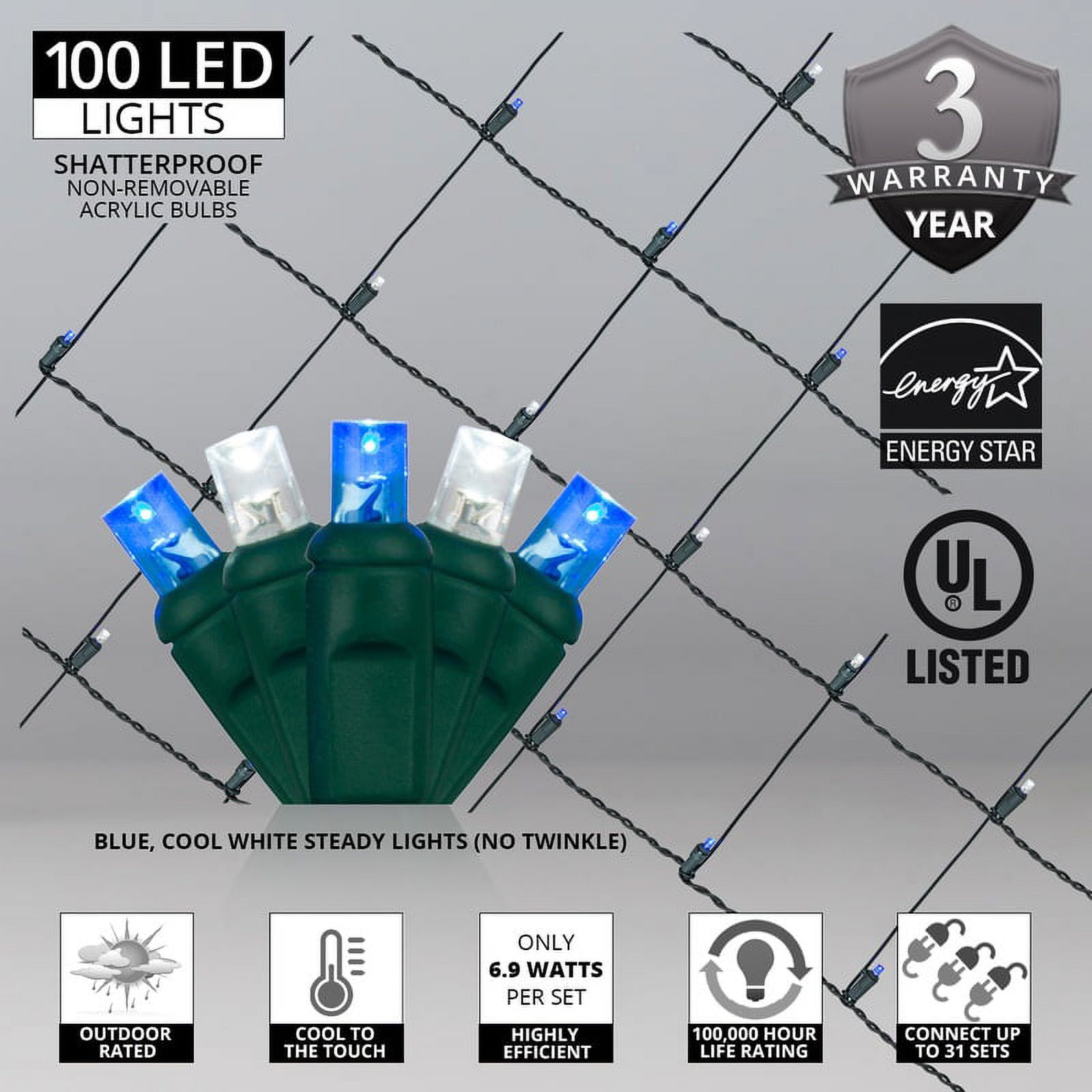 Wintergreen Lighting Blue and Cool White LED Net Lights Christmas Net Lights, 100 5mm Lights, 4'x6' Net, Energy Star Rated