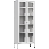 Crownland Metal Storage Cabinet with Glass Doors, Display Curio Glass Cabinet with 4 Adjustable Shelves, Tall Modern Office Storage Cabinets for Home Office, Living Room, Pantry(White)