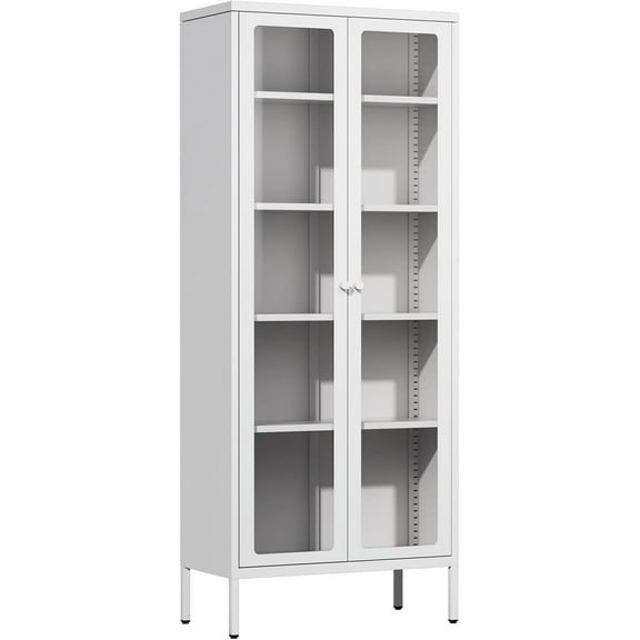 Crownland Metal Storage Cabinet with Glass Doors, Display Curio Glass Cabinet with 4 Adjustable Shelves, Tall Modern Office Storage Cabinets for Home Office, Living Room, Pantry(White)