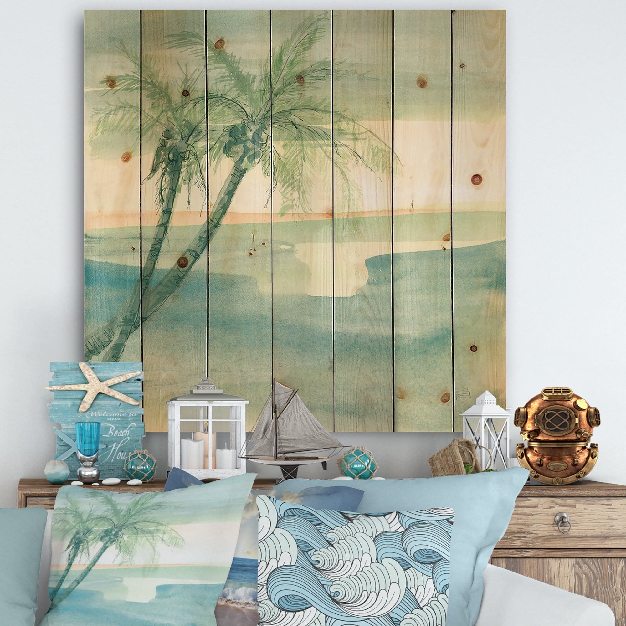 Designart 'Peaceful Dusk I Tropical' Tropical Print on Natural Pine Wood