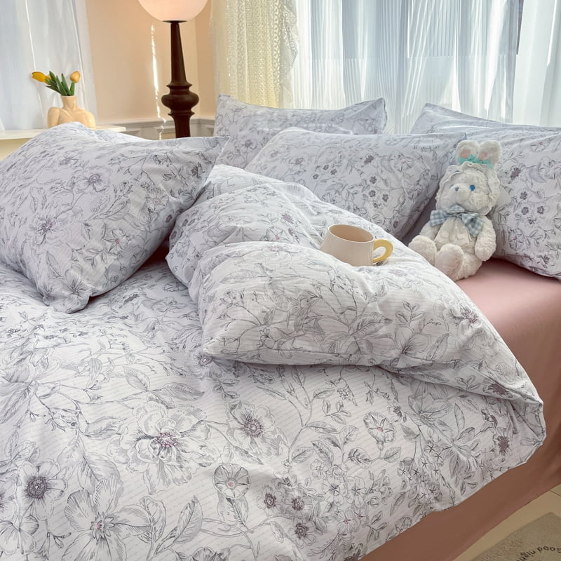 JOLUSERE 100% Organic Cotton Duvet Cover Sets King Size, 3 Pieces Soft Mist White Floral Soft Chic Artistic Bedding Sets