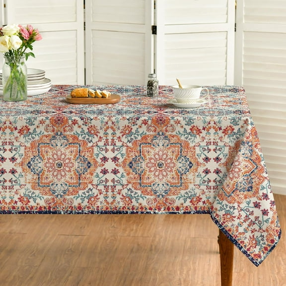 Boho Bohemia Style Tablecloth 60×84 Inch Rectangular, Vintage Country Rustic Farmhouse Magical Orange Washable Table Cover for Party Picnic Dinner Decor