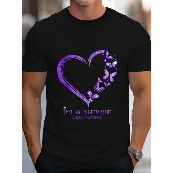 100% Cotton Purple Butterfly Heart I'm A Survivor Lupus Awareness T-Shirt Women's Men's Graphic Tee Causal Tops