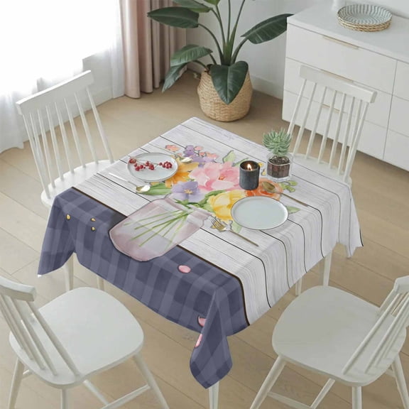 Square Tablecloth,Watercolor Blossom Flower Vase Waterproof Oil-Proof Table Cloth Kitchen Dining Tables Cover for Indoor Outdoor Wedding Holiday Party Decor,Spring Floral Wood Grain