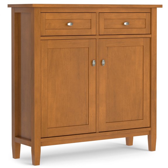 Simpli Home Warm Shaker 36 inch Wide Solid Wood Transitional Entryway Storage Cabinet in Light Golden Brown