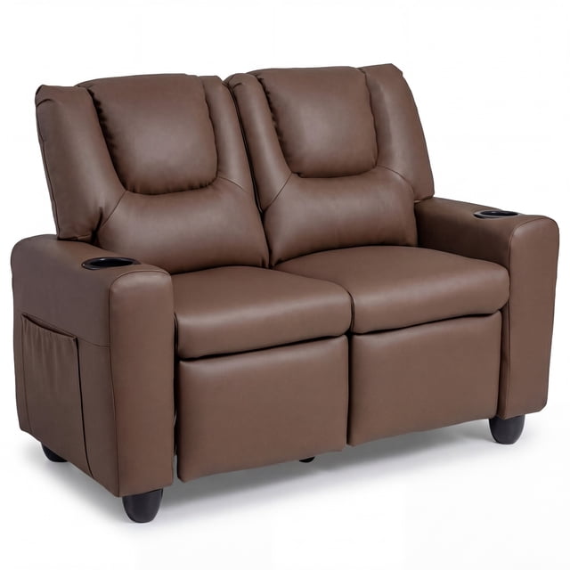 Costway Fauteuil Inclinable pour Enfants 2 Places avec Porte-Gobelets, Poches de Rangement Latérales, Dossier Réglable, Brun
