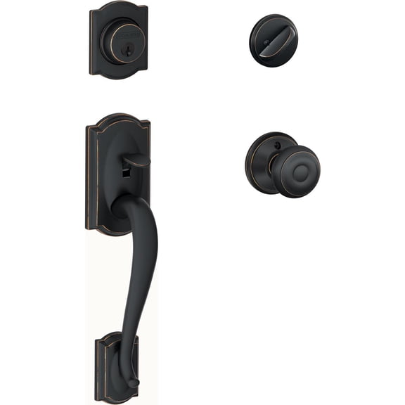 Schlage Camelot Single Cylinder Handleset and Georgian Knob, Aged Bronze (F60 V CAM 716 GEO)