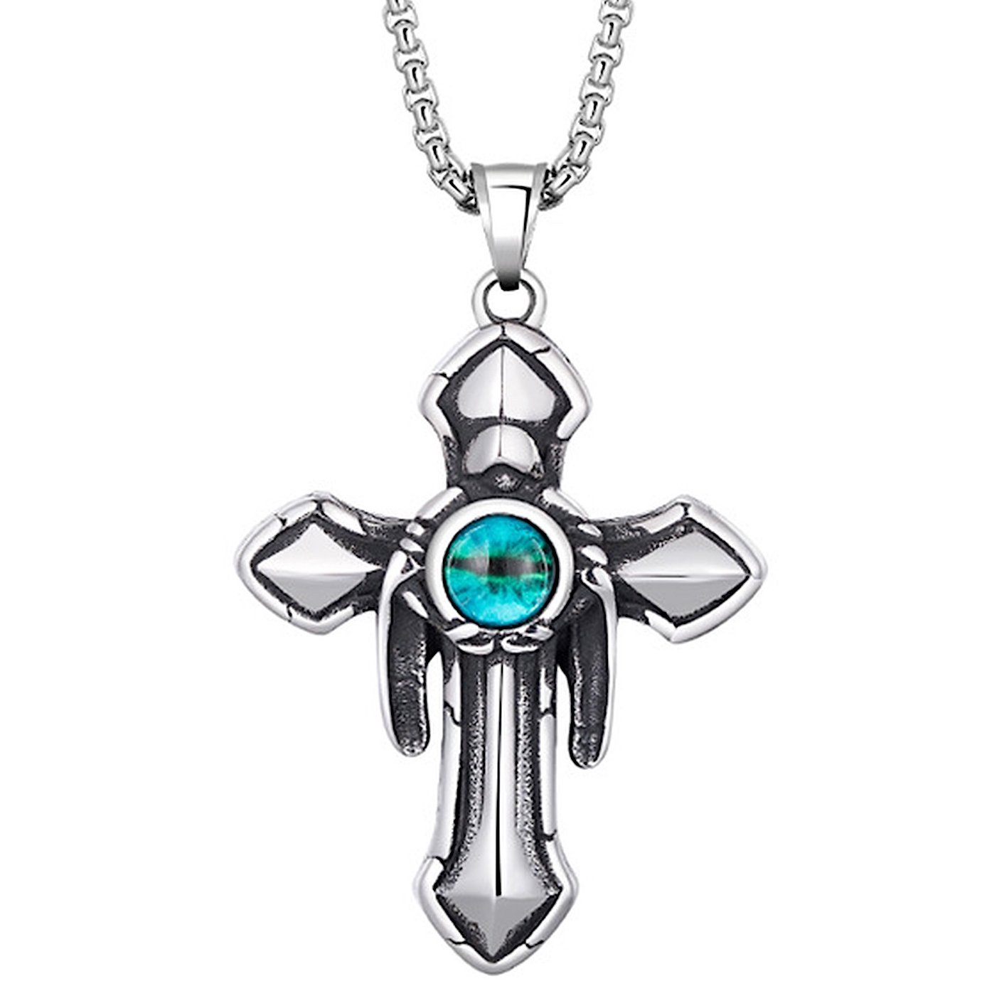 Men's Stainless Steel Blue Evil Eye Cross Pendant Necklace