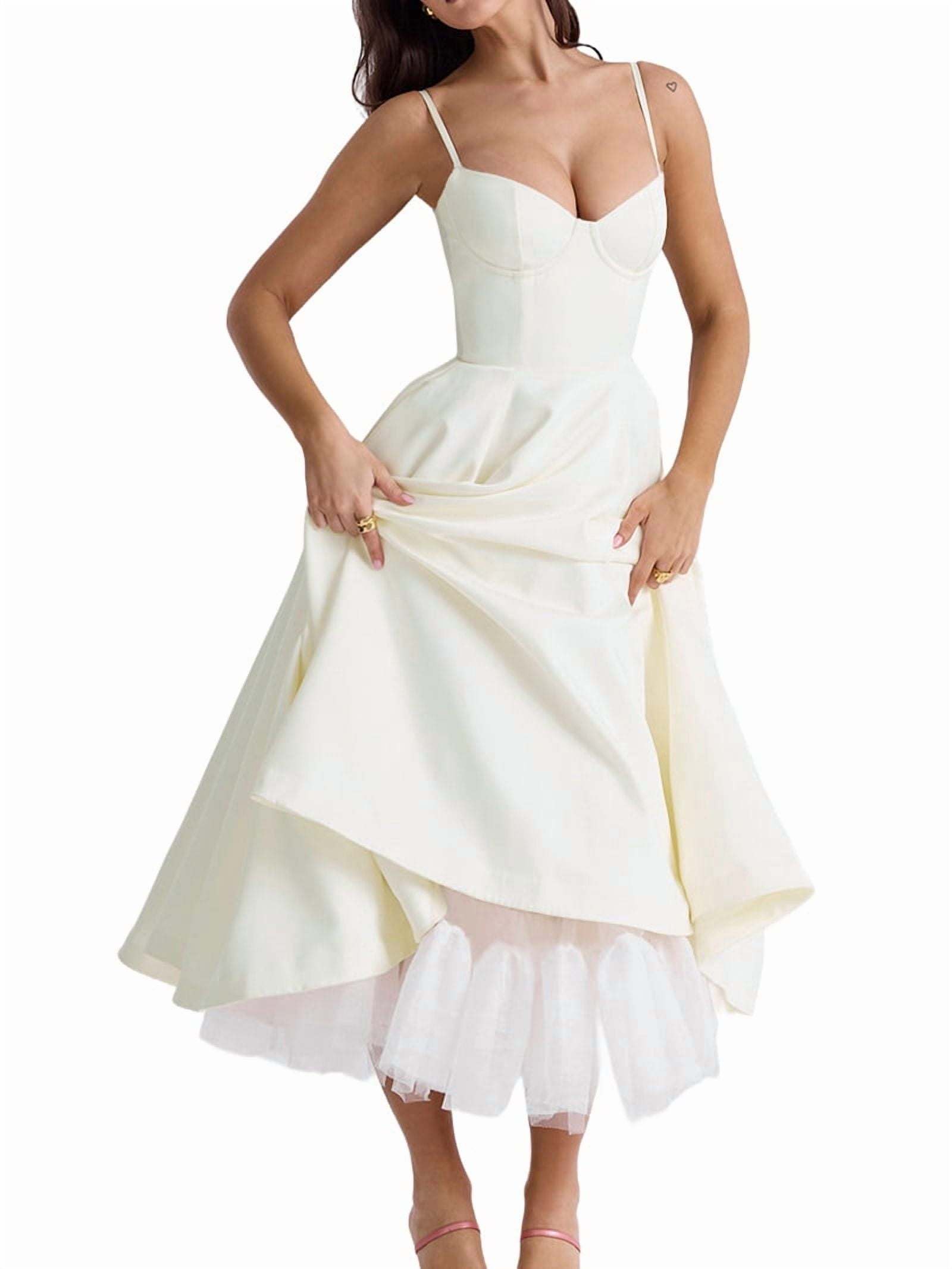 Wedding Guest Dresses for Women Spaghetti Straps Corset Homecoming Floral Lace Maxi Prom Dresses Cream White M