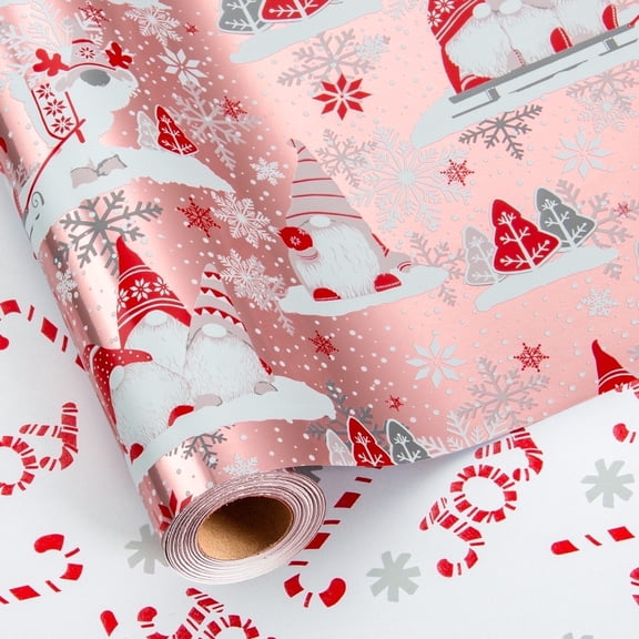 HOMERAL Christmas Wrapping Paper Roll - Pink Gift Wrap with Goblins, Snowflakes, Christmas Trees, Candy Canes - Perfect for Christmas - 17 Inch X 33 Feet
