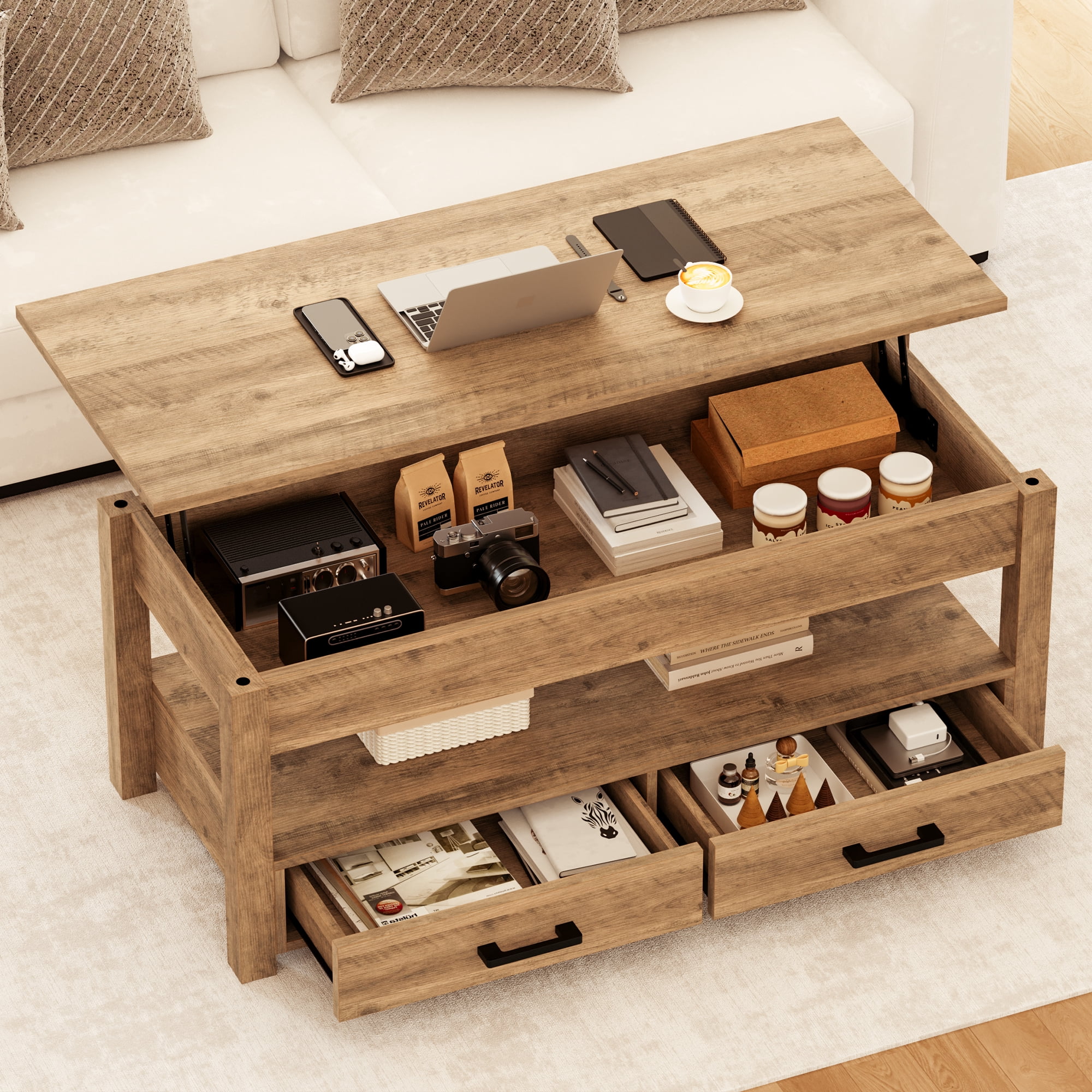 GUNAITO Lift Top Coffee Table with 2 drawers, Light Brown Wooden Convertible Coffee Table with Storage for Living Room, center Table, 42"