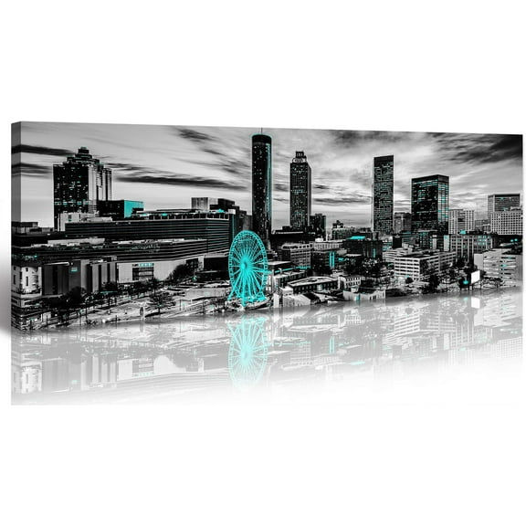 Aaheei Atlanta Skyline Panoramic Canvas Wall Art - Black and White Cityscape Painting,Teal Georgia Ferris Wheel Decor for Living Room, Bedroom, Office Modern Artwork