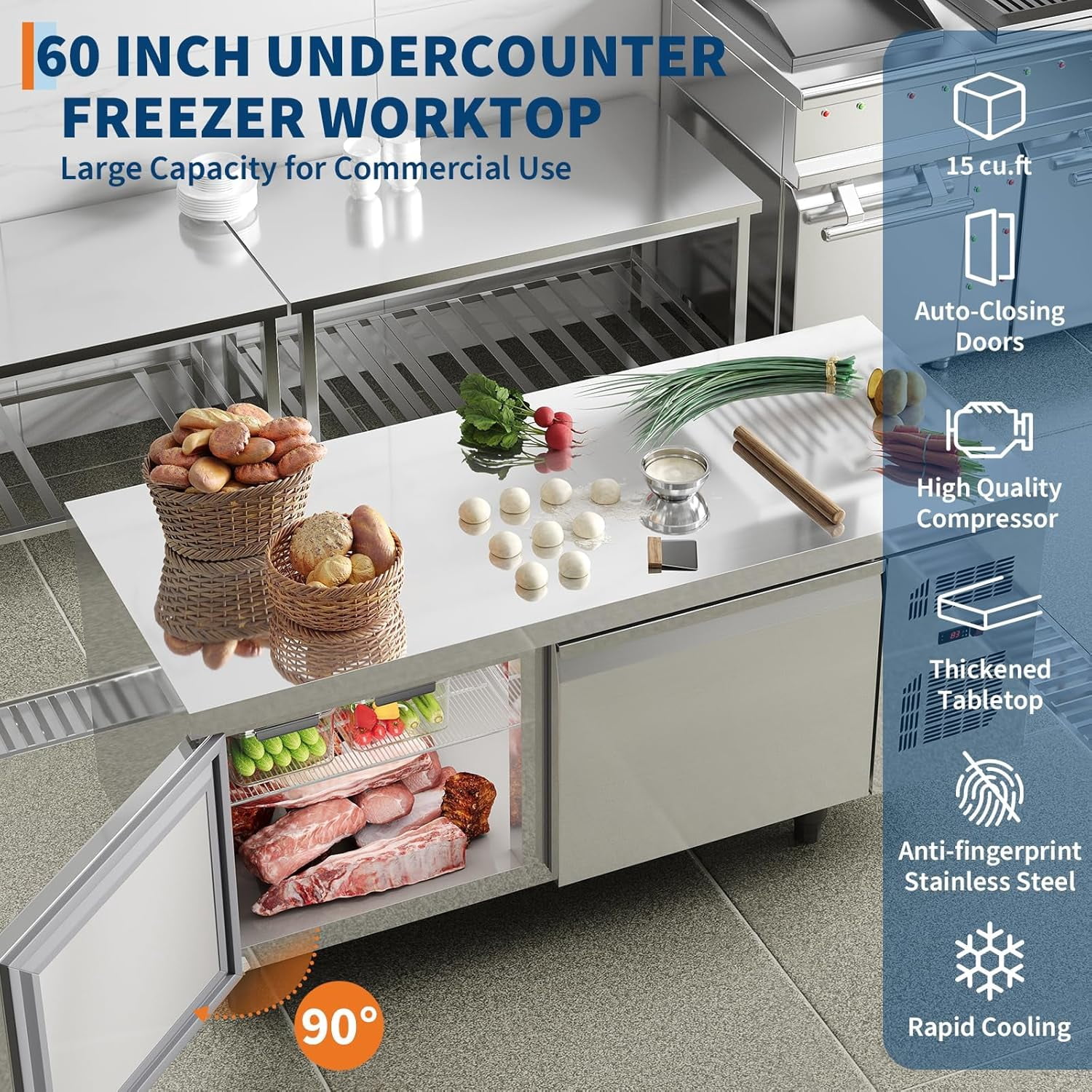 60" Undercounter Commercial Prep Table Freezer – 18 Cu. ft. Stainless Steel, 2-Door Frost-Free Freezer Station for Restaurants, Bars & Stores